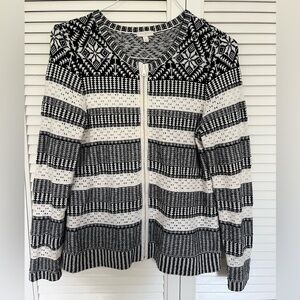 Talbots Cardigan Sweater Womens Medium Black White Striped Zip Up Knit
